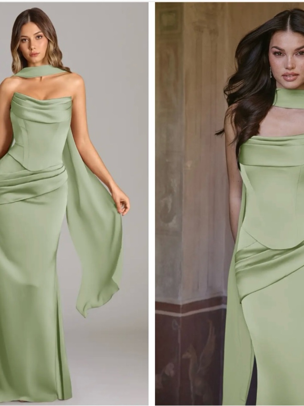 Azazie Sage Green Strapless Evening Gown with Attached Scarf